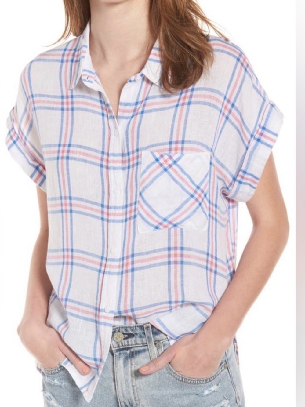 Rails Whitney Raspberry Azure White Plaid Linen Rayon Button Front Shirt Small